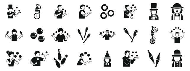 Juggler icons set. Jugglers performing with balls, clubs, rings, and bowling pins at circus show © anatolir