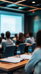 Obraz premium Corporate Training Session: Presentation, Attendees, Water Bottles, Notes, Conference Room