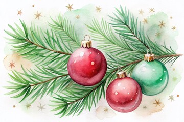 Naklejka premium Serene Minimalist Watercolor Christmas Scene with Subtle Hues of Red and Green, Featuring a Tasteful Arrangement of Ornaments and Pine Branches for a Cozy Holiday Atmosphere