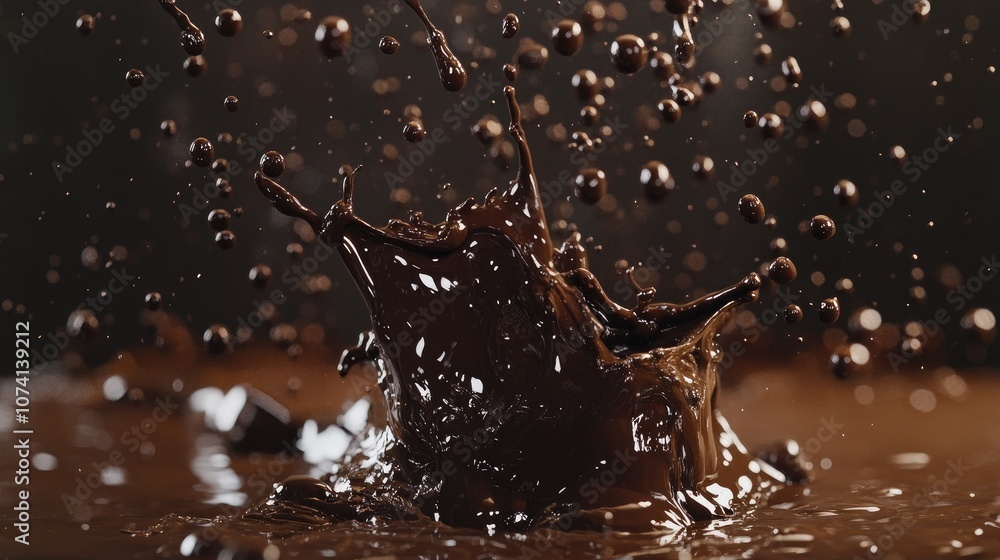 Poster dark, glossy chocolate splashing dynamically, with droplets suspended in mid-air, isolated on a clea