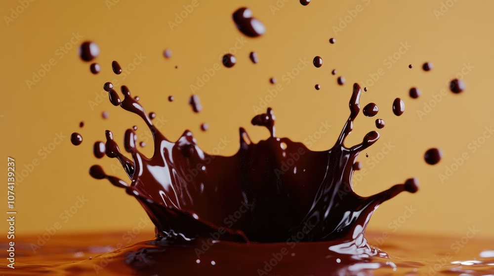 Poster decadent splash of chocolate sauce, frozen in mid-motion, set against a simple background to capture