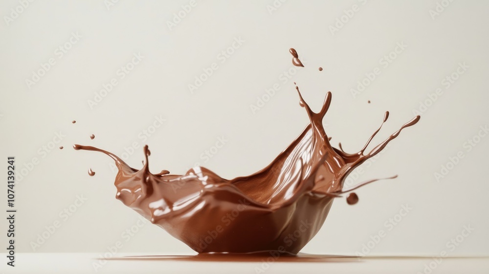 Poster decadent splash of chocolate sauce, frozen in mid-motion, set against a simple background to capture