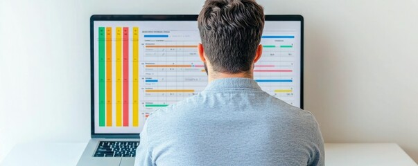 A person is seated at a desk, viewing colorful data and graphs on a large monitor, suggesting analysis or work related to statistics or data management.