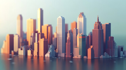 Obraz premium Low Poly Cityscape, 3D Rendering, Urban Skyline, Sunset Glow, Architectural Detail
