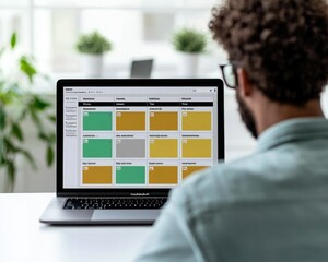 A person is working on a laptop, viewing a color-coded digital project management tool on the screen, surrounded by greenery in a bright, modern workspace.