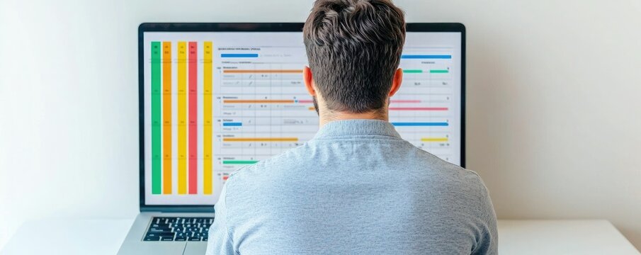 A person is seated at a desk, viewing colorful data and graphs on a large monitor, suggesting analysis or work related to statistics or data management.
