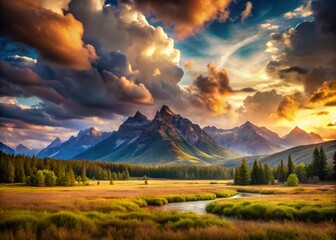Obraz premium Serene Mountain Landscape with Dramatic Clouds and Leading Lines Capturing Tranquil Nature's Beauty in Surreal Photography