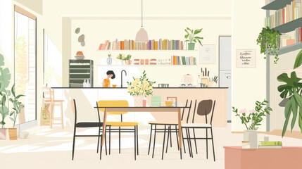 Bright Kitchen Interior with Dining Table and Bookshelves