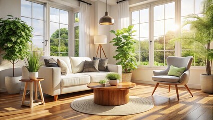 Fototapeta premium Cozy Living Room with White Sofa and Elegant Armchair in Bright Natural Light