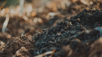 Close-up Compost Pile, Regenerative Agriculture, Biodynamic Farming, Earthy Tones, Macro Photography