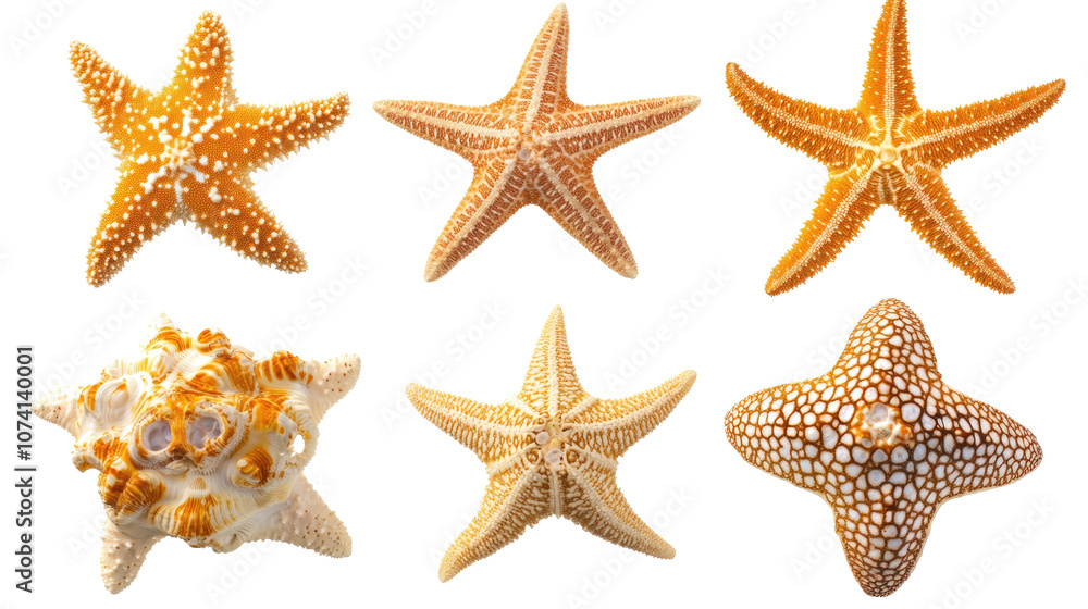 Poster collection of colorful starfish on a transparent background generative ai