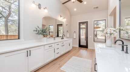 Modern and Spacious Bathroom Interior Design with Natural Light, Elegant Fixtures, Minimalist Decor, and Beautiful View from Large Windows