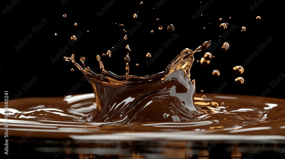 Poster Liquid chocolate splashing and dripping, frozen in time to capture the smooth texture, on a simple background to highlight the indulgent appeal