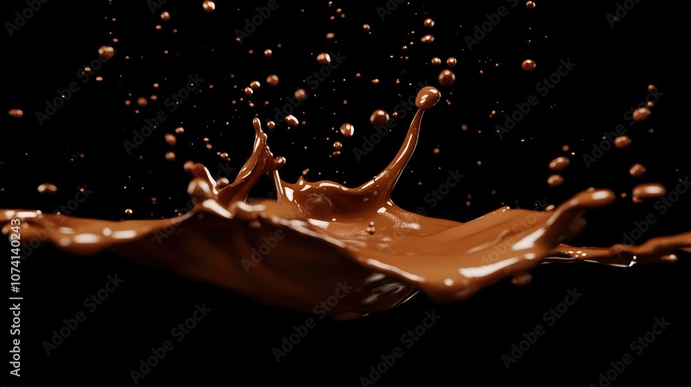 Poster Liquid chocolate splashing and dripping, frozen in time to capture the smooth texture, on a simple background to highlight the indulgent appeal