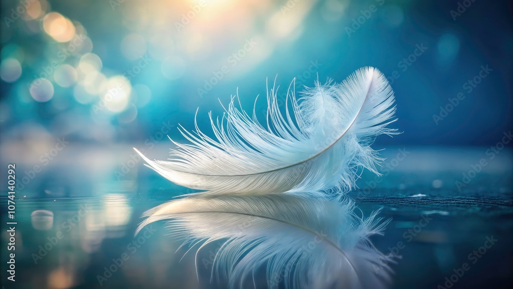 Poster delicate white feather floating on minimal background - pure, ethereal tranquility in macro photogra