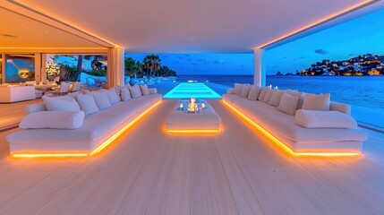 Luxurious Coastal Living Room with Modern Seating, Ambient Lighting, and Spectacular View of Pool and Ocean at Dusk, Ideal for Relaxation and Stylish Gatherings