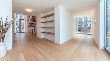 Obraz premium Bright and Modern Interior Space with Open Layout and Natural Light, Featuring Wooden Floors, Simple Shelving, and Large Windows in a Contemporary Architecture Design