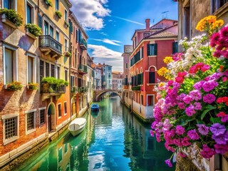 Obraz premium Serene Spring Day in Venice: A Charming View of a Narrow Canal Street with Vibrant Flowers and Historic Architecture Under a Clear Blue Sky