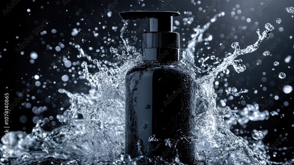 Aufkleber striking image of a black pump bottle with water splashing in all directions, frozen in time against