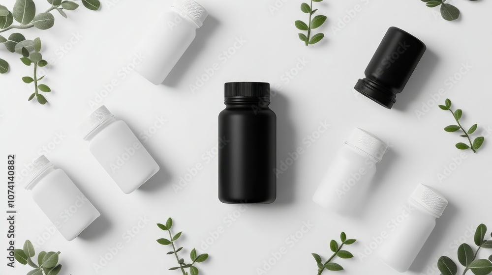 Poster stylish mockup of black and white bottles for vitamins, each bottle with a minimalist design and sle