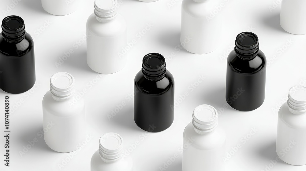 Poster stylish mockup of black and white bottles for vitamins, each bottle with a minimalist design and sle