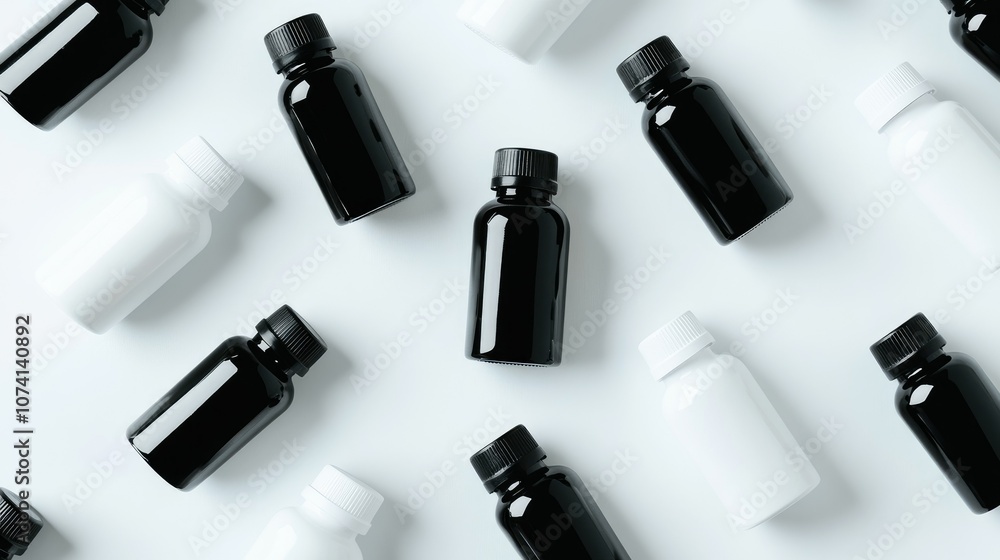 Poster stylish mockup of black and white bottles for vitamins, each bottle with a minimalist design and sle