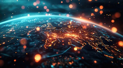 Fototapeta premium Earth from space with glowing city lights and atmospheric particles.