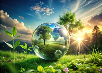 Eco-Friendly Landscape Photography: Glass Sphere Reflecting Nature, Green Symbols, and Lush Grass for Sustainable Living and Environmental Awareness