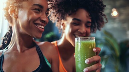 Two friends are seen taking a break from their workout enjoying a postworkout juice together while discussing their fitness goals.