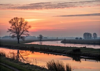 Obraz premium Serene Sunset Over the Dutch Polder Landscape Near Gouda, Holland - A Minimalist View of Nature's Beauty and Tranquility in the Netherlands