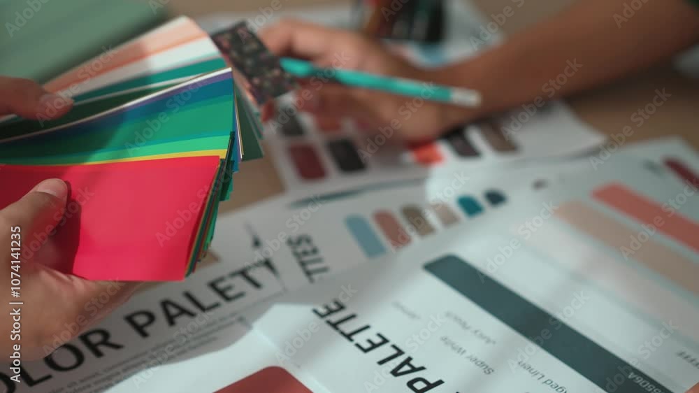 Poster slow motion hand closeup of two designer brainstorming and choosing color for graphic design working