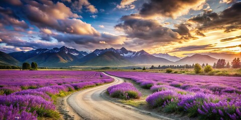 Obraz premium Serene Vintage Landscape of Purple Flower Field with a Winding Road and Majestic Mountains in the Background Capturing Nature's Timeless Beauty