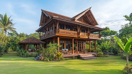Traditional Wooden House with Lush Greenery