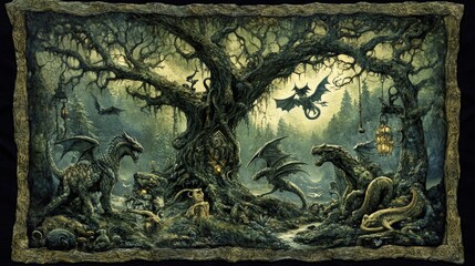 Enchanting Dragon Fantasy Forest Scene Mystical Tree Creatures Artwork