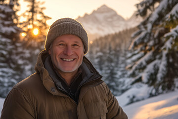 Fototapeta premium Portrait of a smiling mature man wearing a beanie and winter jacket in a snowy forest with a mountain range in the background during sunset
