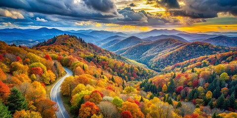Serene Watercolor Landscape of Blue Ridge Parkway Showcasing Majestic Mountains, Lush Forests, and Vibrant Autumn Colors Capturing Nature's Beauty in a Tranquil Scene