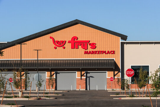 Front view of a new Fry&rsquo;s Marketplace grocery store with branded signage on large retail building, representing supermarket operations and consumer goods distribution