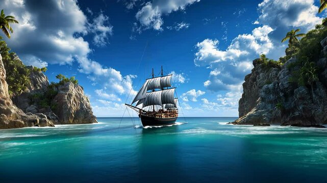 Pristine turquoise lagoon nestled between lush tropical cliffs. Classic sailboat anchored in crystal-clear waters. Palm trees frame white sandy beach. Dramatic blue sky with billowing cumulus clouds. 
