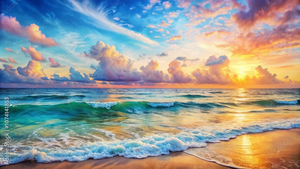 Poster serene watercolor ocean painting with gentle waves and soft pastel colors, perfectly positioned on t