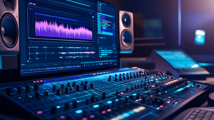 Fototapeta premium Professional music studio setup with computer screen displaying audio waveforms, mixing console, and studio monitors, highlighting a creative space.