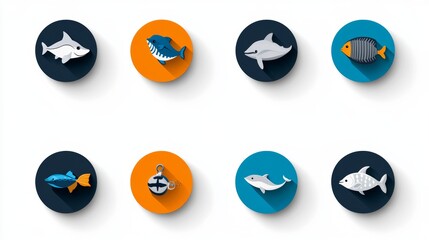 Colorful Flat Icons of Ocean Animals Sharks Dolphins Fish Underwater Life