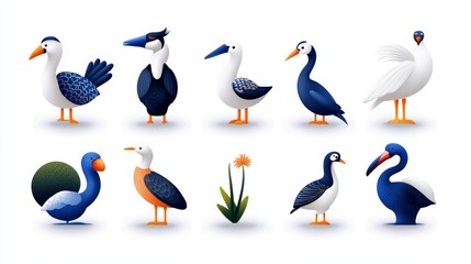 Obraz premium Diverse Collection of Stylish Blue White Birds Illustration