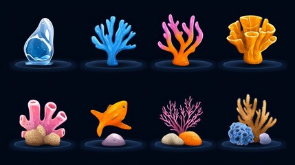 Fototapeta premium Vibrant Cartoon Coral Reef Set Ocean Life Game Assets Underwater Illustrations