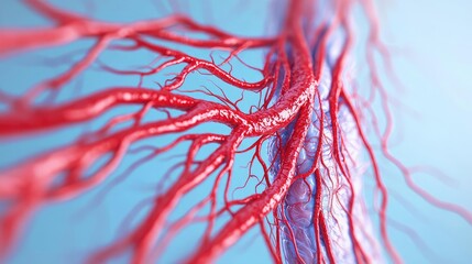 Detailed illustration of human blood vessels, intricate and vivid red on blue background.
