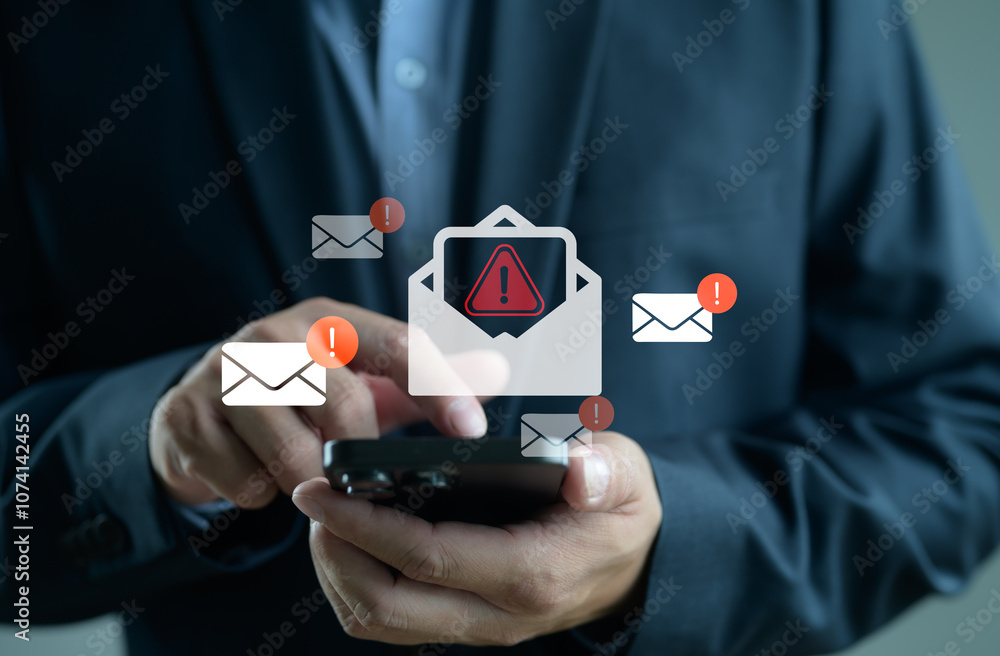 Fototapete cyber crime email spam concept. person use smartphone with virtual screen of spam email notification