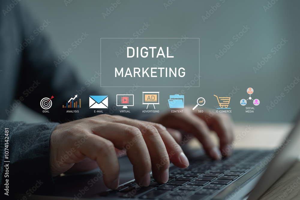 Aufkleber concept of digital marketing technology online. increasing the efficiency of digital marketing mecha