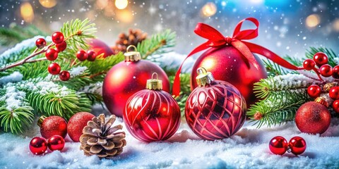 Festive Double Exposure Flat Lay with Red Christmas Decorations, Ornaments, and Holiday Cheer for Seasonal Backgrounds and Creative Designs