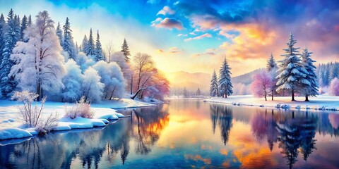 Serene Winter Watercolor Scene with Majestic Snow-Covered Trees and a Calm Frozen Lake, Perfect for Holiday Cards and Winter-Themed Designs with Generous Copy Space