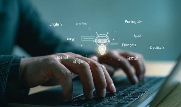 Ai technology application, Automatic translation system concept. Person use laptop computer with virtual robot Ai for artificial intelligence technology helps translate languages. Translator.