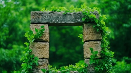 Lush Greenery Overgrown Stone Frame in Forest